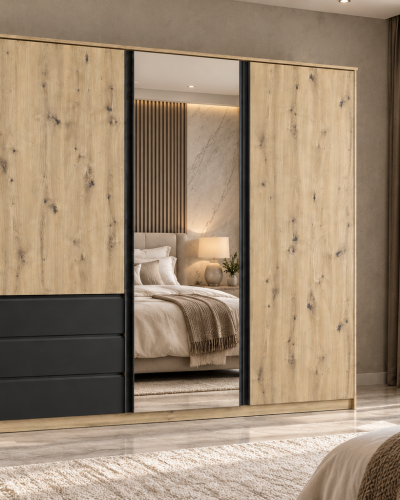 Aura 180cm Wardrobe Bedroom Storage Cabinet with Drawers, Shelves & Mirror