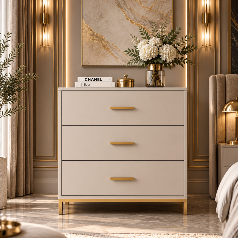 Valenza Cashmere 3 Drawer Chest of Drawers Bedroom Storage Cabinet Gold Handles