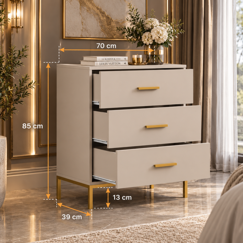 Valenza Cashmere 3 Drawer Chest of Drawers Bedroom Storage Cabinet Gold Handles