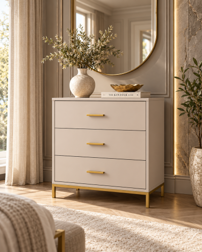 Valenza Cashmere 3 Drawer Chest of Drawers Bedroom Storage Cabinet Gold Handles