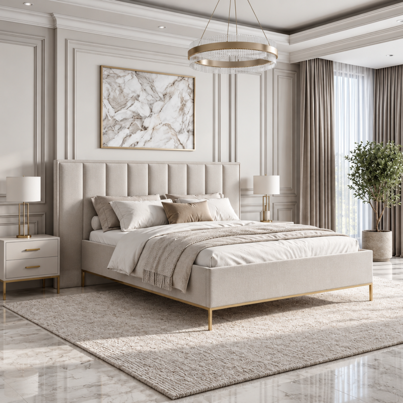 Élysée Luxury Cashmere Upholstered Bed 160x200cm Padded Headboard with Gold Legs