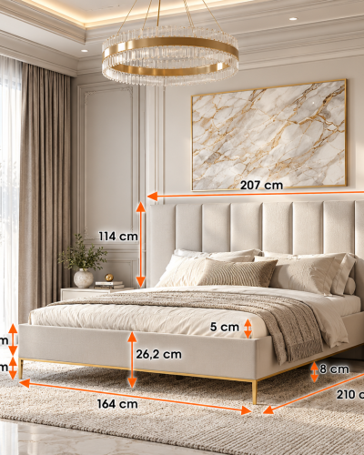 Élysée Luxury Cashmere Upholstered Bed 160x200cm Padded Headboard with Gold Legs