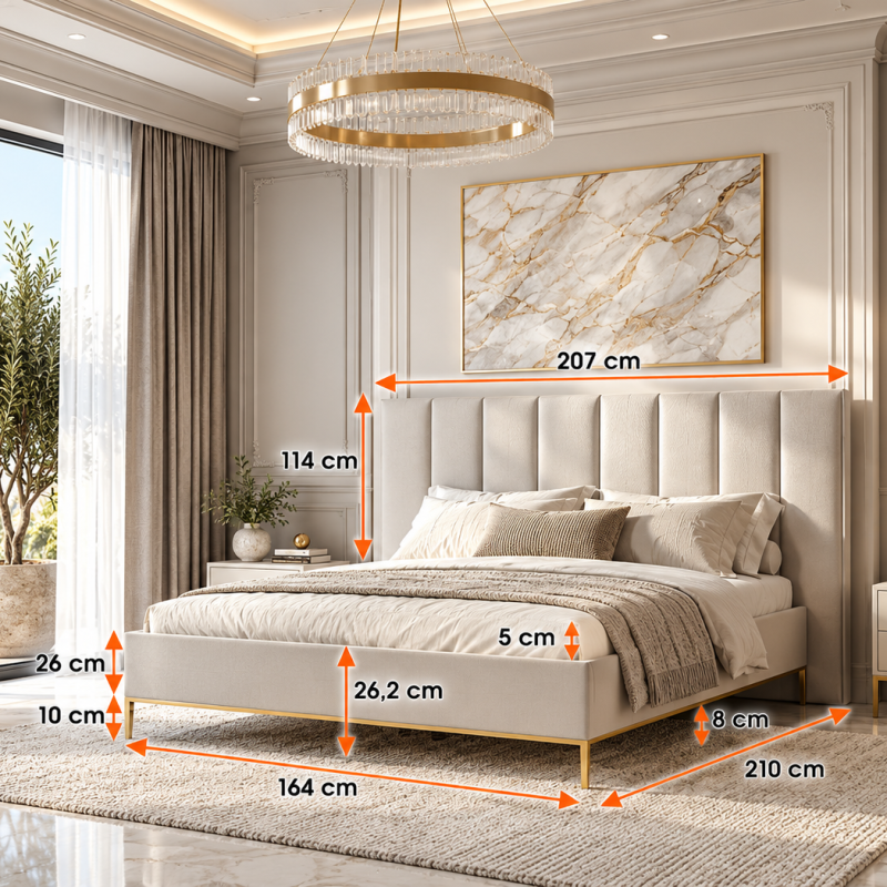 Élysée Luxury Cashmere Upholstered Bed 160x200cm Padded Headboard with Gold Legs