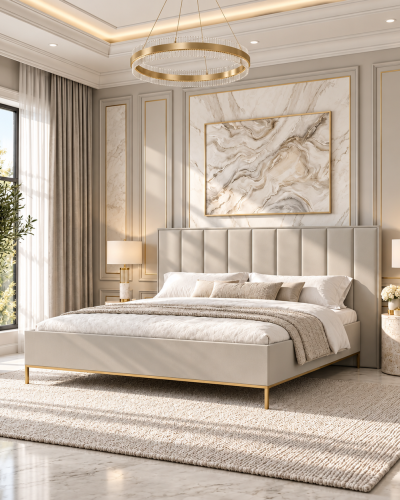 Élysée Luxury Cashmere Upholstered Bed 160x200cm Padded Headboard with Gold Legs
