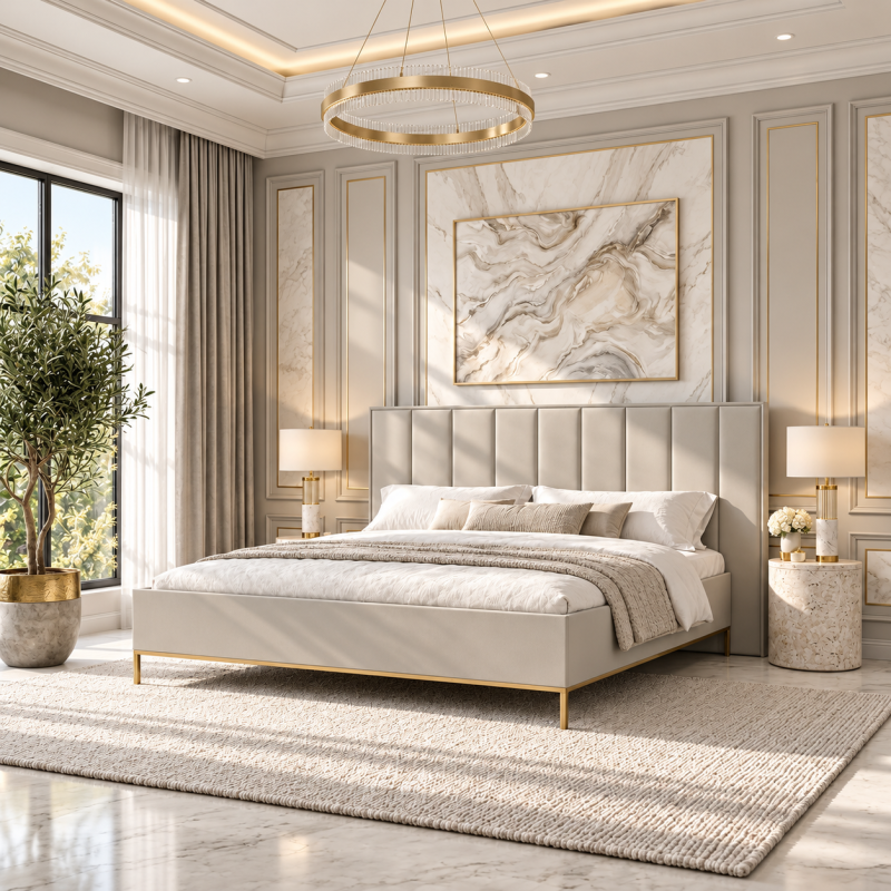 Élysée Luxury Cashmere Upholstered Bed 160x200cm Padded Headboard with Gold Legs