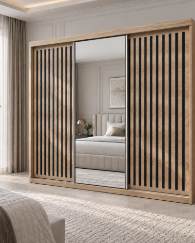 Aurelia Modern Sliding Wardrobe with Mirror & Slatted Doors – 2 Colors & 3 Sizes
