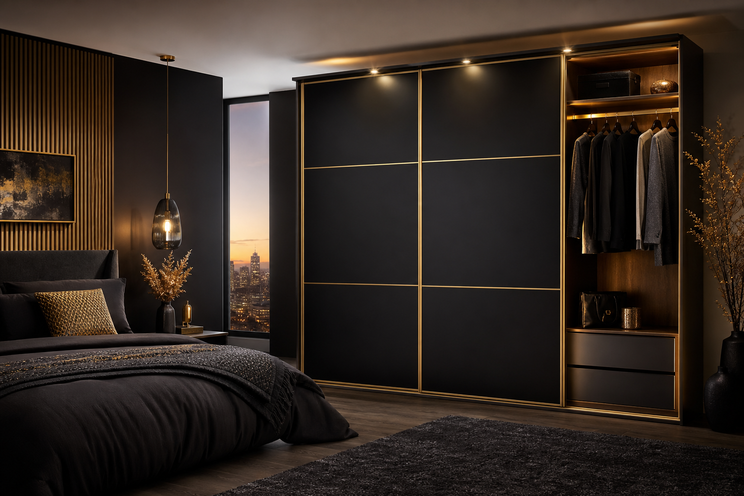 Matte black sliding wardrobe in a Distro Direct bedroom