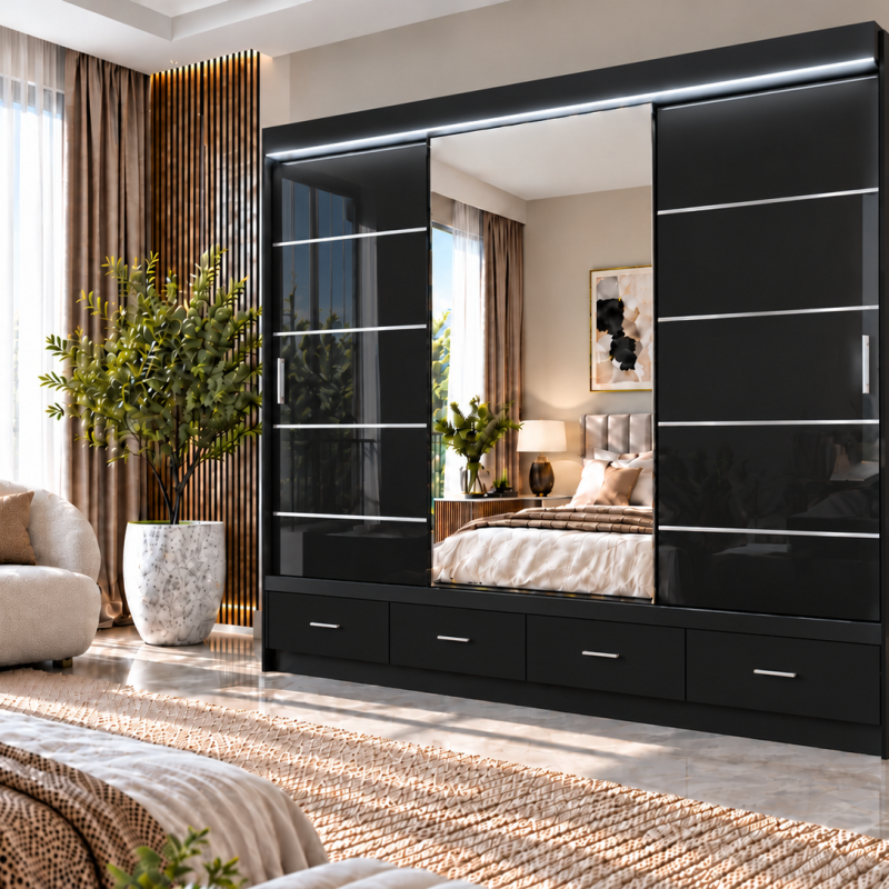 Flavia Luxe Sliding Wardrobe for Bedroom | High Gloss Finish, 3 Sizes & 3 Colors